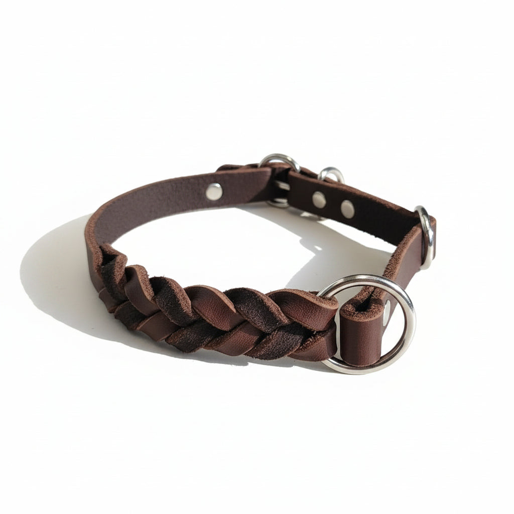 Leather Collar with Stop Ring Brown/Stainless Steel